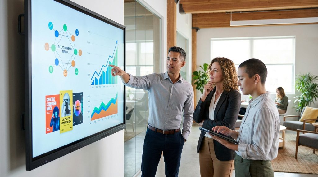 Trois professionnels discutent devant un écran interactif affichant des graphiques de performance et un schéma de 'Relationship Media'.