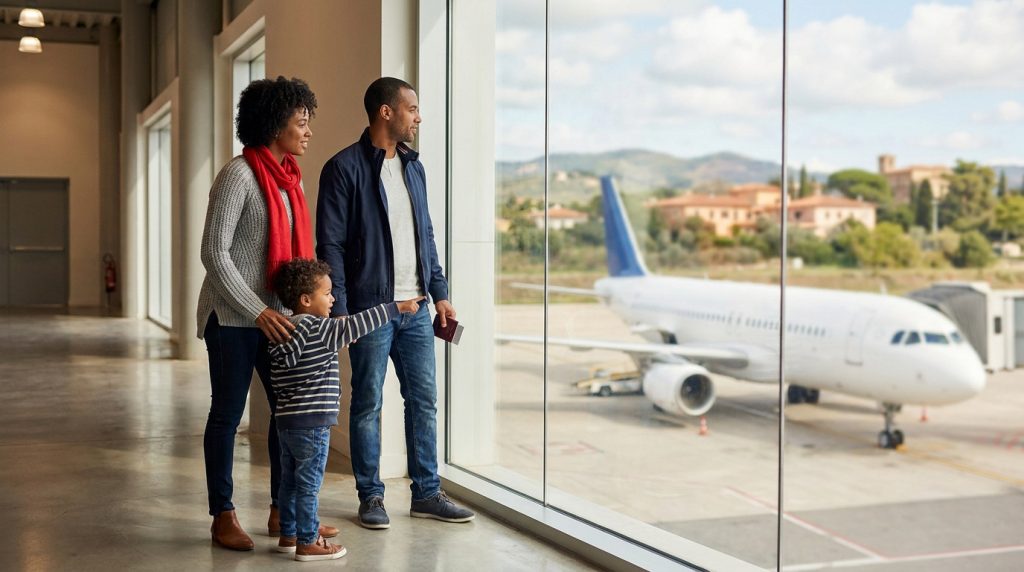 Famille (parents, jeune enfant) à l'aéroport observant un avion sur le tarmac. Le père tient des passeports.