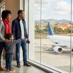Famille (parents, jeune enfant) à l'aéroport observant un avion sur le tarmac. Le père tient des passeports.