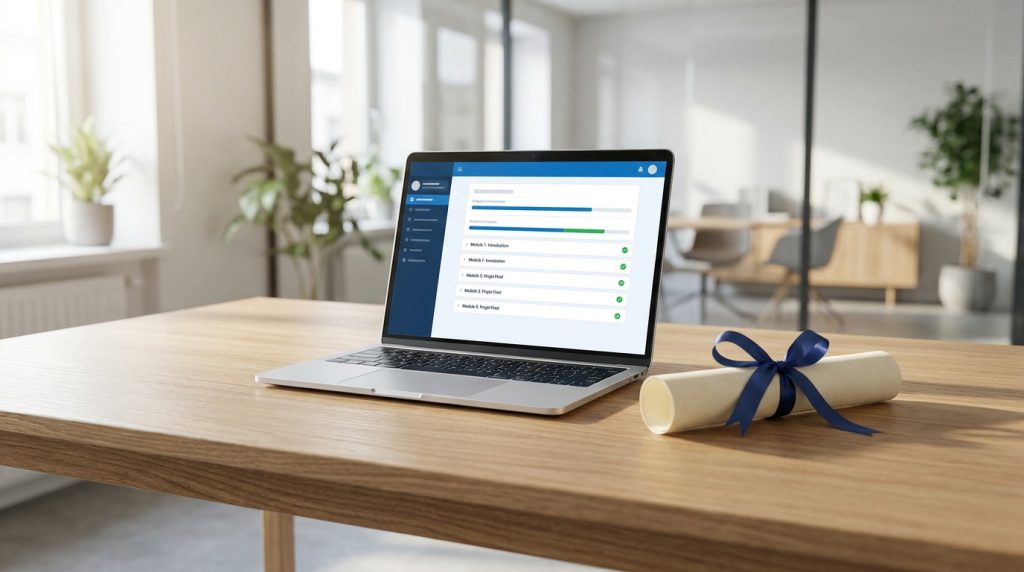 Un ordinateur portable sur une table en bois affichant un cours en ligne. À côté, un diplôme roulé avec un ruban bleu, dans un bureau moderne.