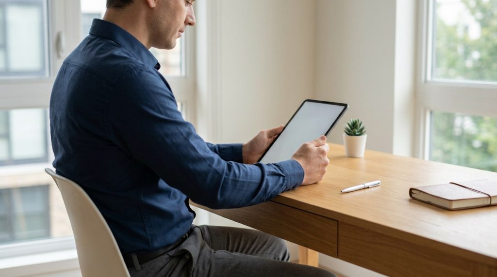Homme consultant une tablette à un bureau en bois, se préparant pour un rendez-vous France Travail. Plante et carnet sur la table.