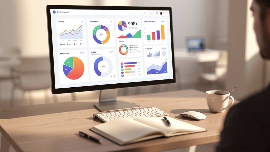 Bureau avec tableau de bord d'indicateurs et cahier de notes pour piloter un business digi