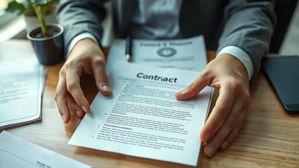 Deux mains tenant un document ressemblant à un contrat de travail sur un bureau