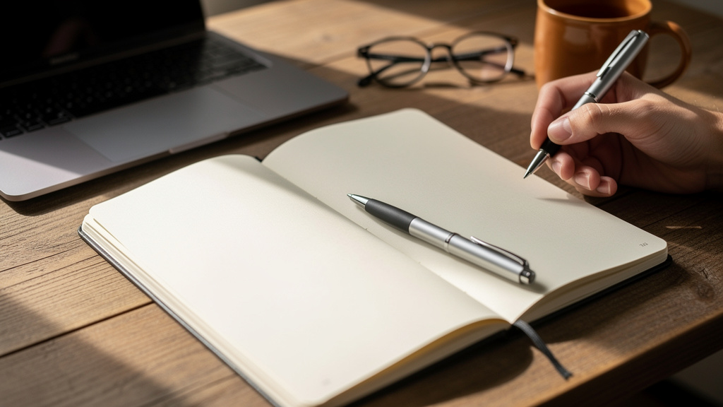 Personne rédigeant des notes structurées sur un carnet