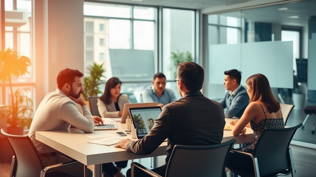 Équipe de salariés en réunion dans une salle d'entreprise