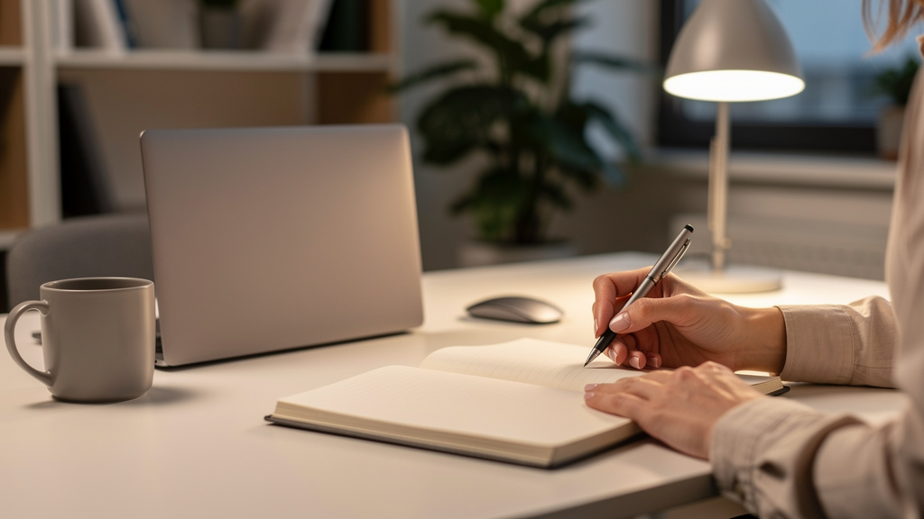 Salarié notant des incidents dans un carnet au bureau
