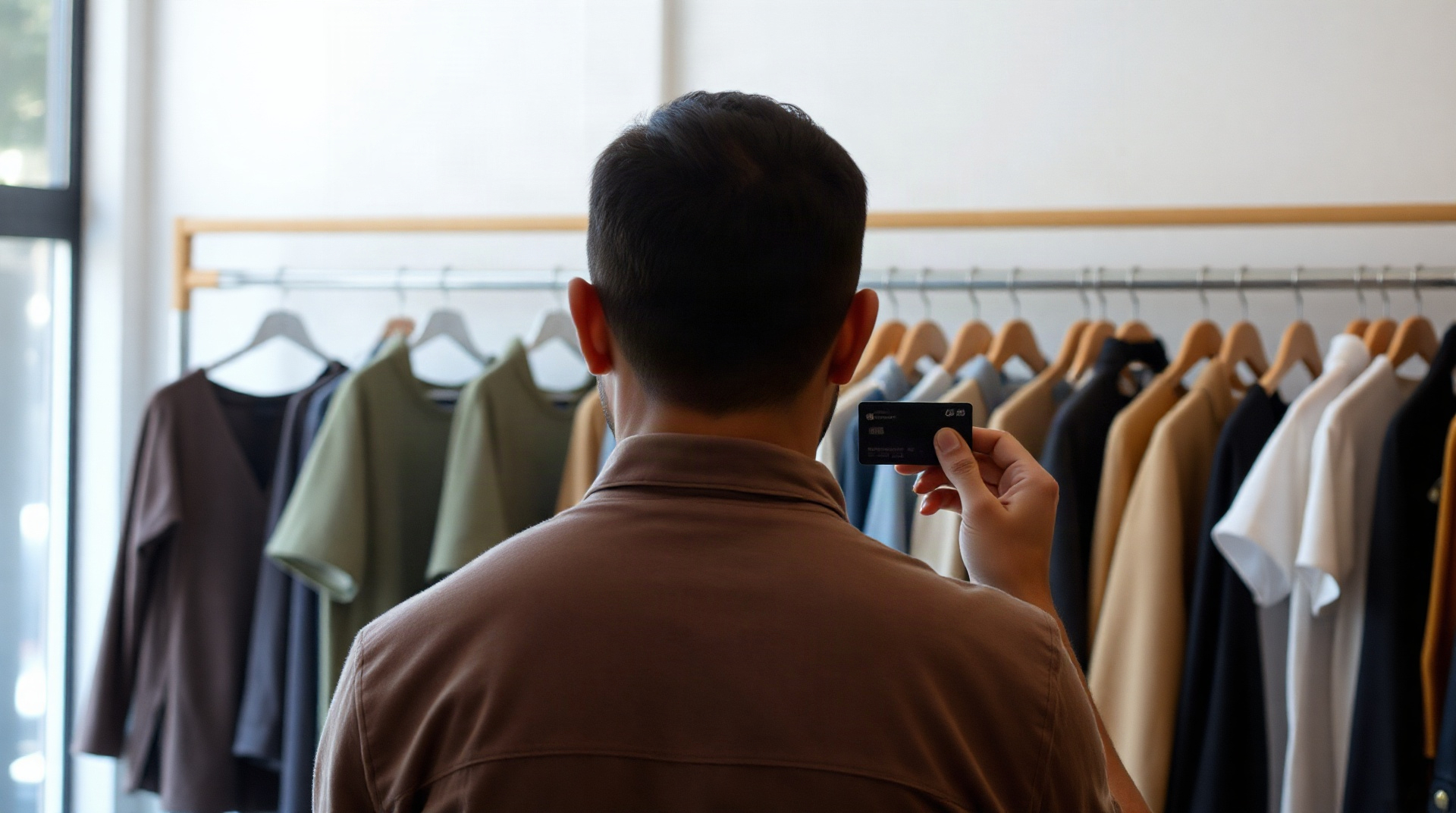Client devant des rayons de vêtements avec une carte prépayée
