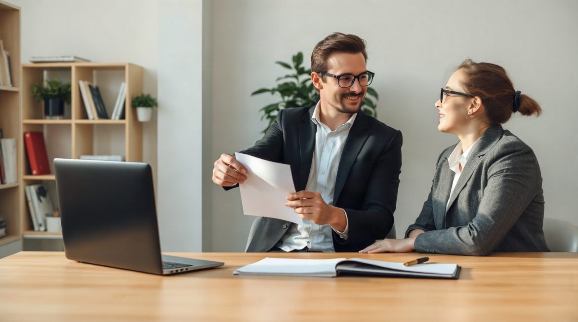 Employeur remettant un document officiel à un salarié lors d'un entretien professionnel