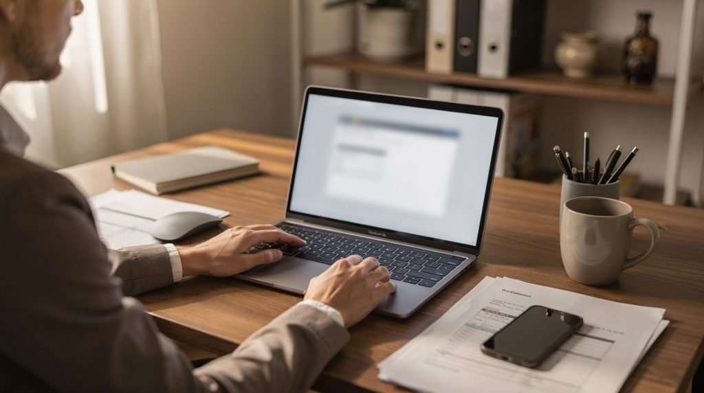Entrepreneur préparant des devis et factures sur ordinateur