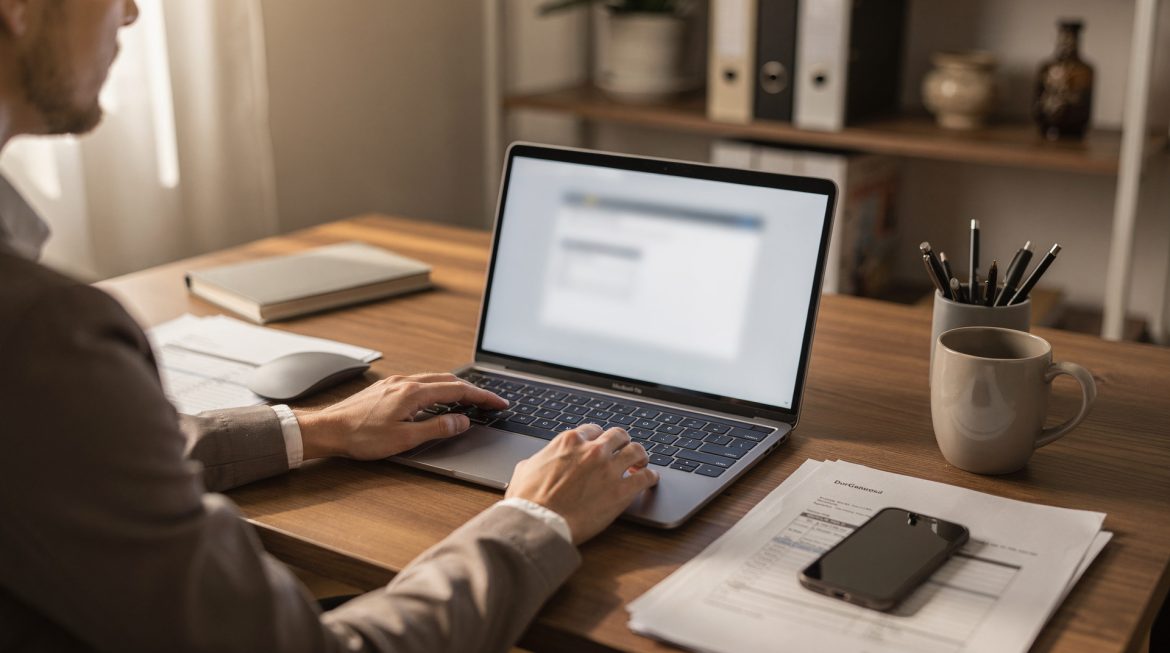 Entrepreneur préparant des devis et factures sur ordinateur