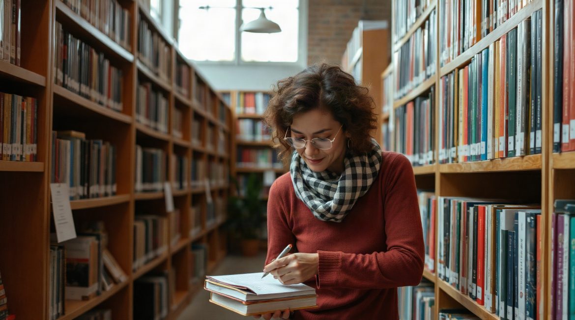 Femme adulte prenant des notes dans une bibliothèque universitaire