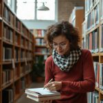 Femme adulte prenant des notes dans une bibliothèque universitaire
