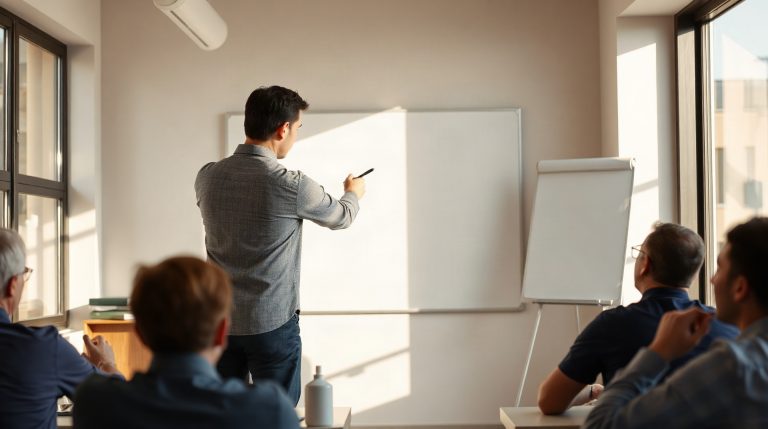 Formateur animant une session pour adultes en salle de formation