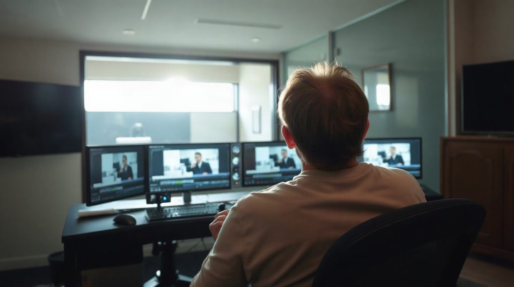 Monteur vidéo en post-production travaillant sur un morphing de visages