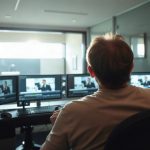 Monteur vidéo en post-production travaillant sur un morphing de visages