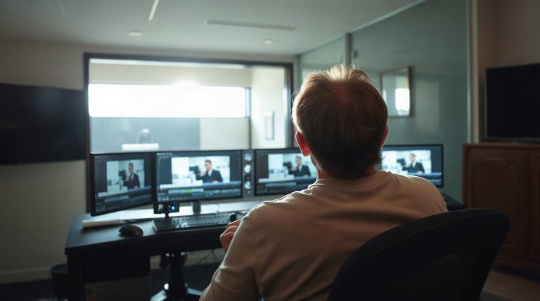 Monteur vidéo en post-production travaillant sur un morphing de visages