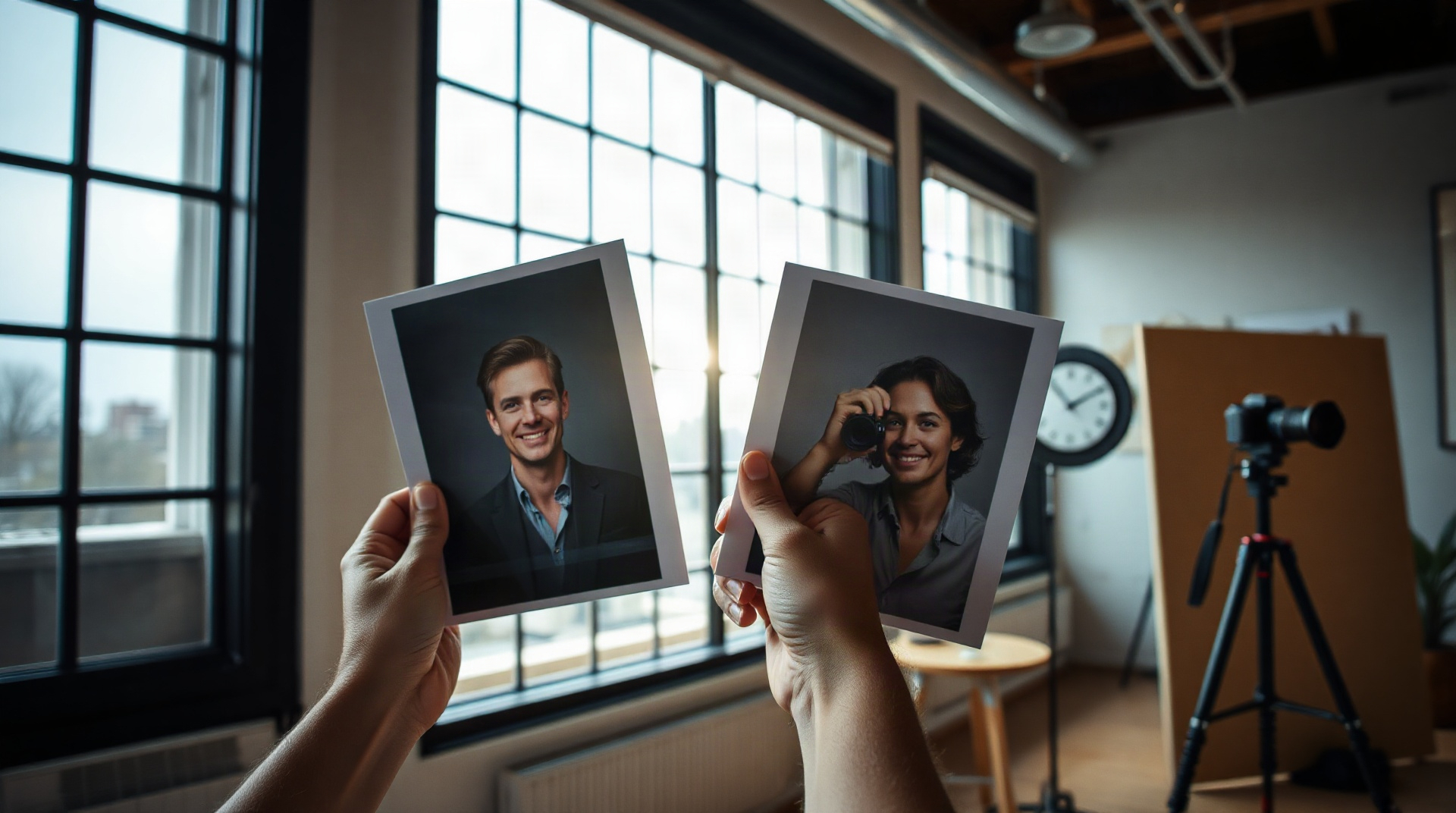 Photographe comparant des tirages portraits avant et après transformation visuelle