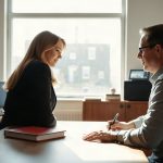 Une conseillère en formation échange avec un salarié dans un bureau