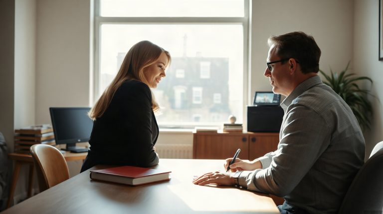 Une conseillère en formation échange avec un salarié dans un bureau