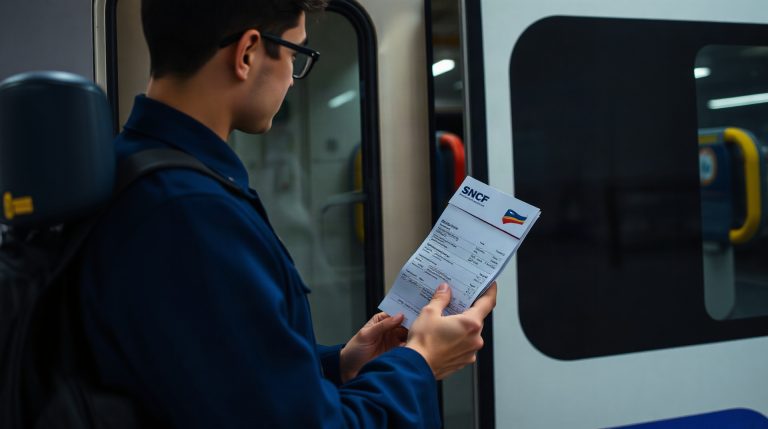 Agent SNCF vérifiant son billet de circulation avant de monter dans un train