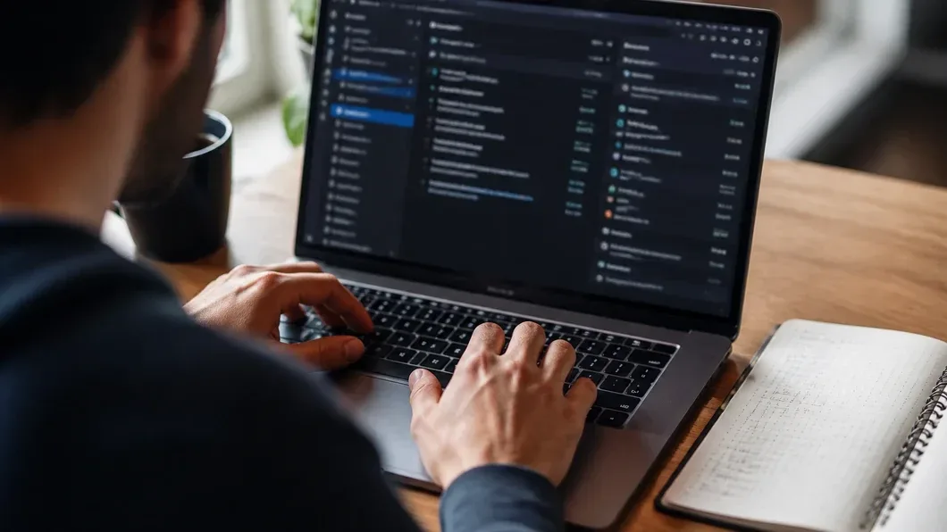 Une personne tape sur le clavier d’un ordinateur portable affichant une interface sombre.