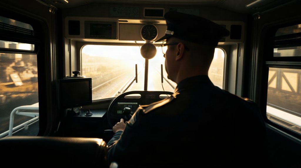 Conducteur de train SNCF aux commandes de sa locomotive