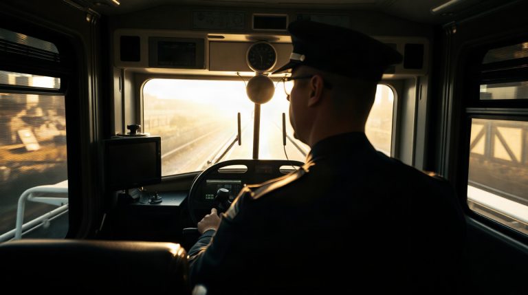 Conducteur de train SNCF aux commandes de sa locomotive