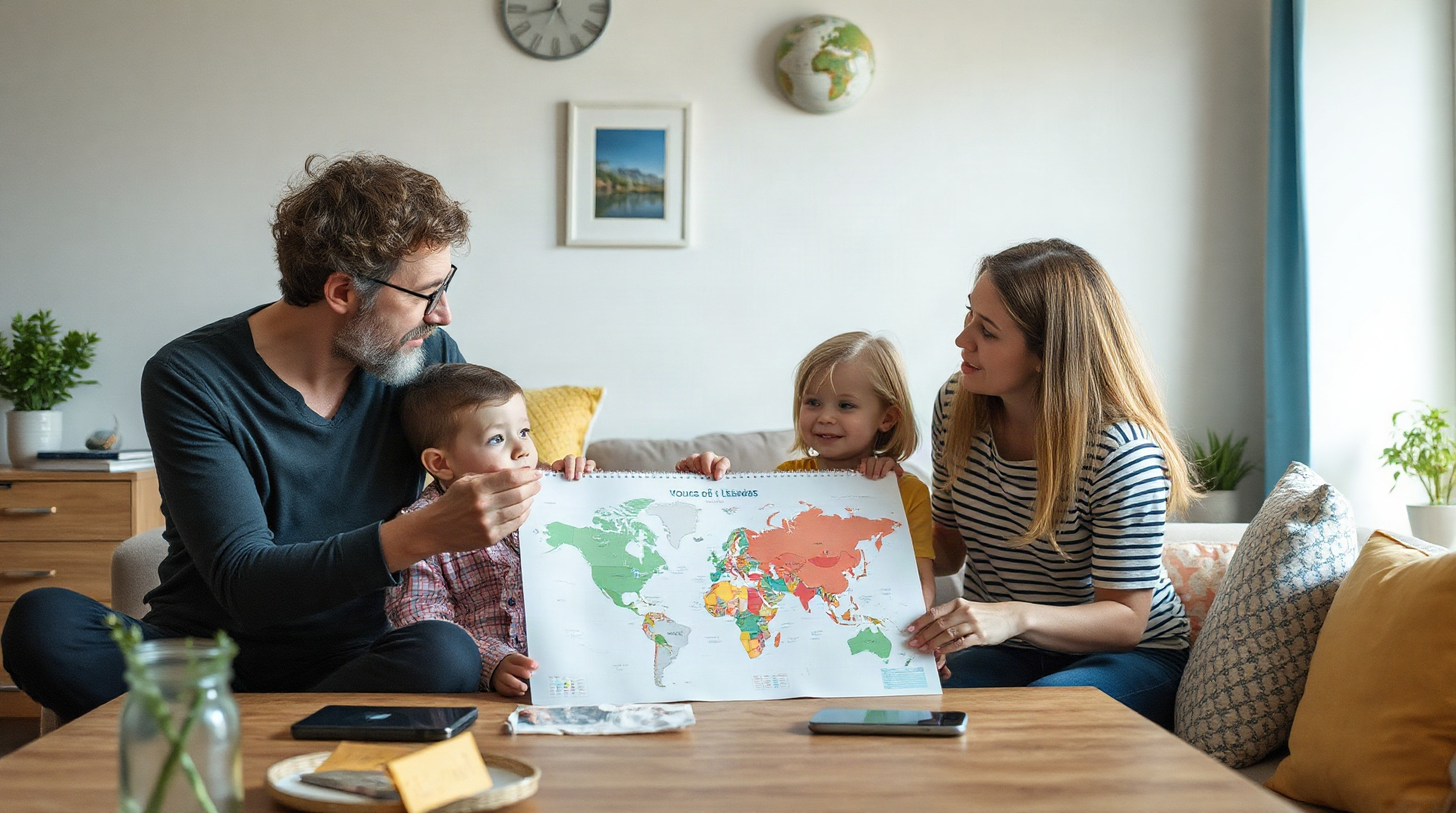 Famille consultant un calendrier de voyages à la maison