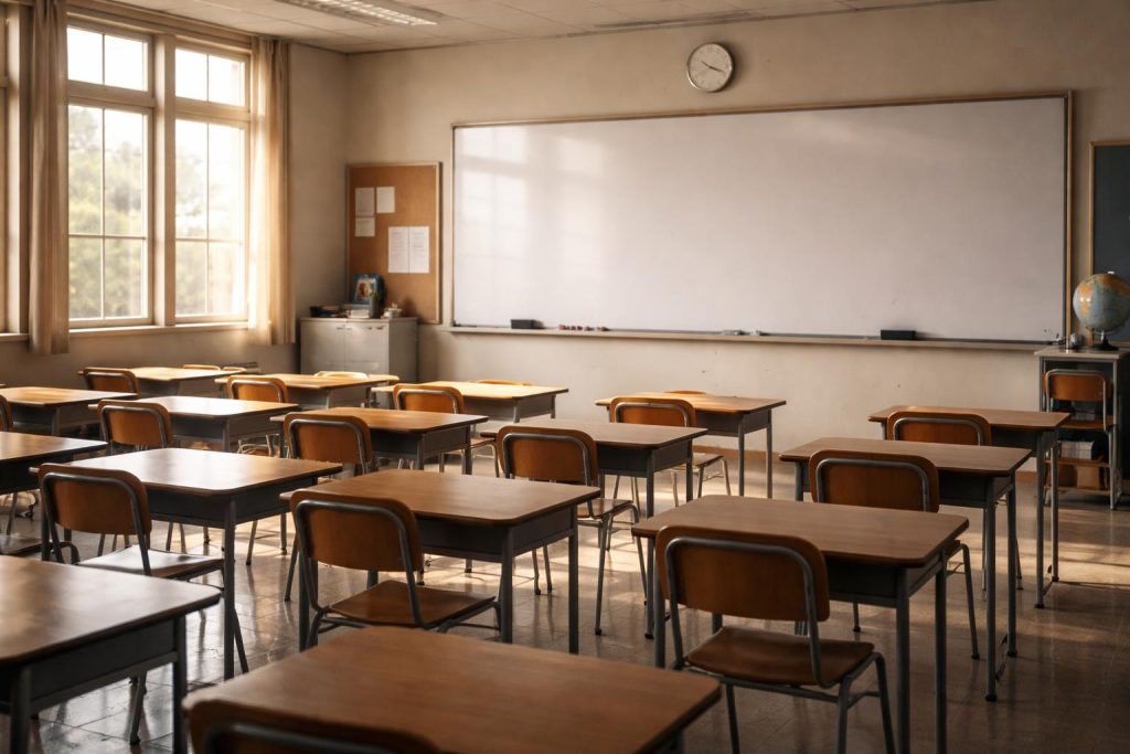 Professeur agrégé devant un tableau dans une salle de lycée